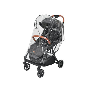 Clear rain cover on a black stroller with brown handles on a white background