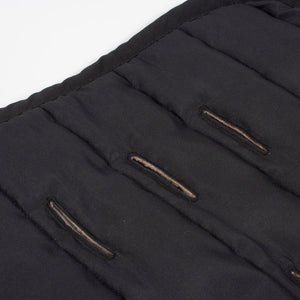 Close-up of black quilted jacket with stitching details on a white background