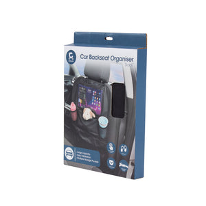 Car backseat organizer packaging with images of a phone, cup holder, and other items on a white background.