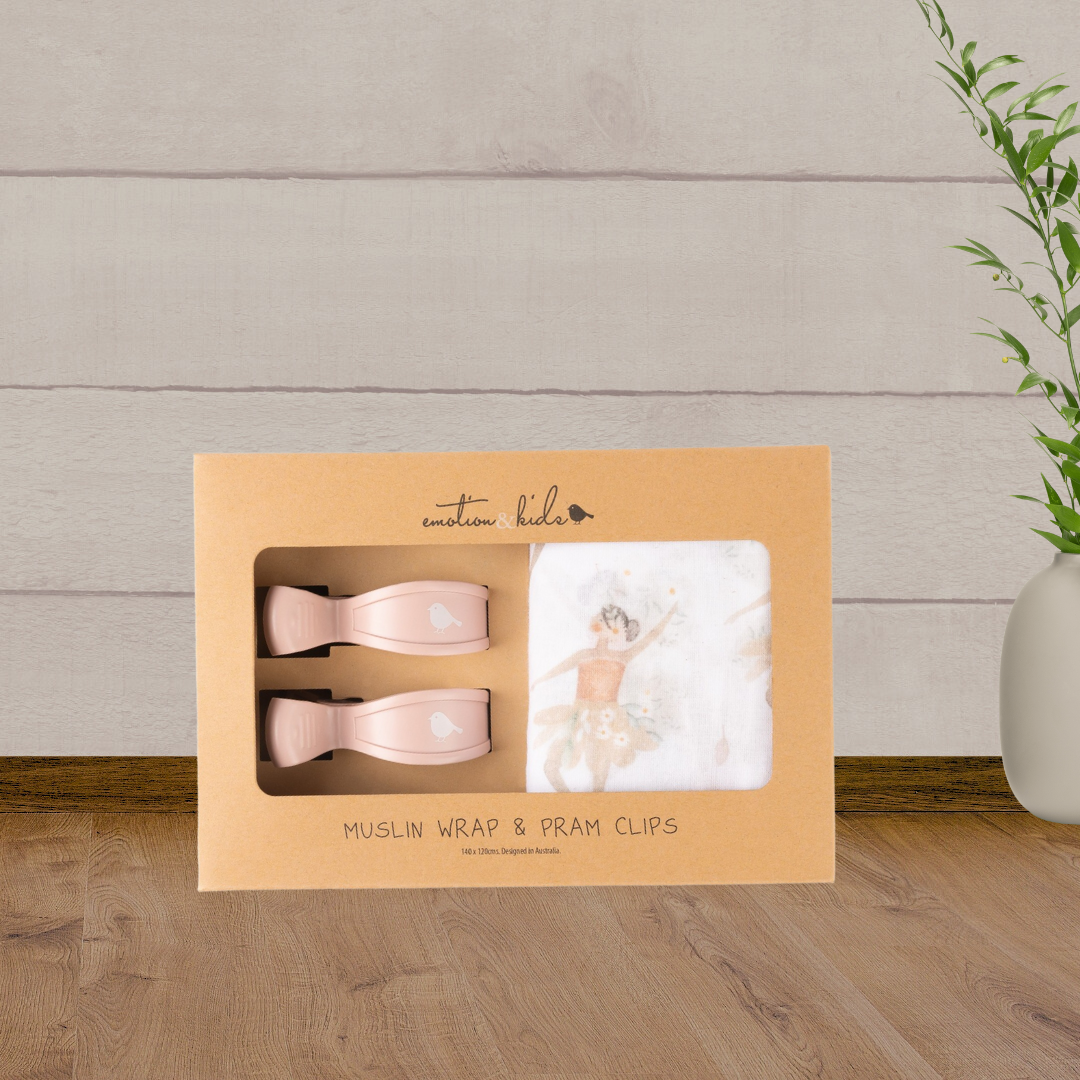 Fairy Muslin Wrap & Dusty Pink Pram Clip Set - Baby Gifts Australia