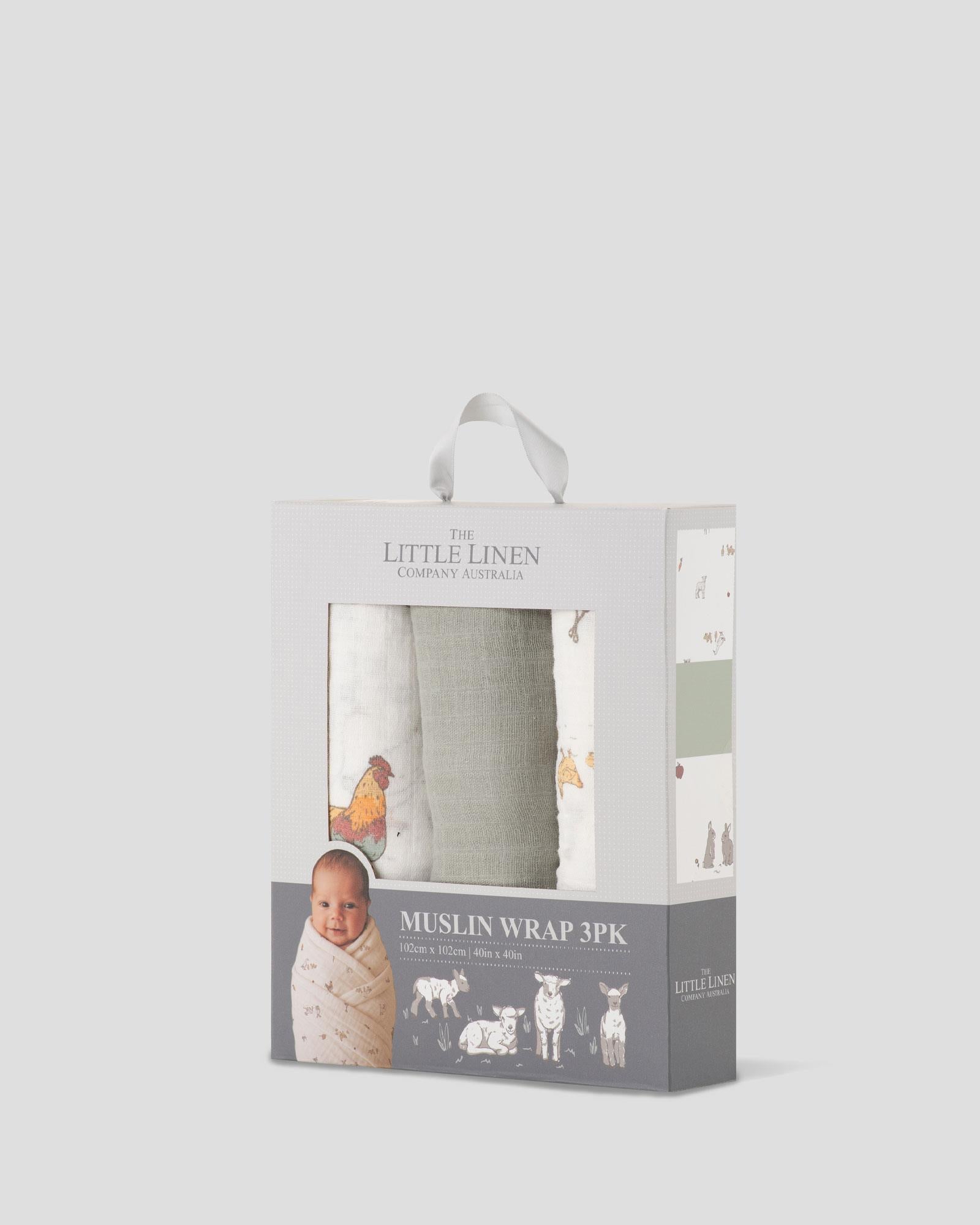 Little Linen Muslin Wraps 3PK - Farmyard Lamb