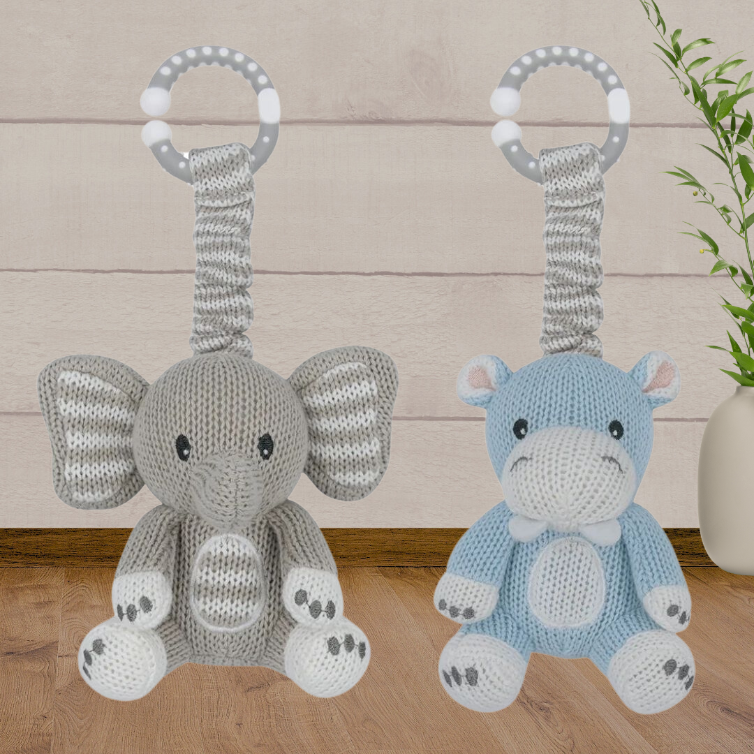 Living Textiles 2pk Stroller Toys - Elephant & Hippo - Baby Gifts Australia