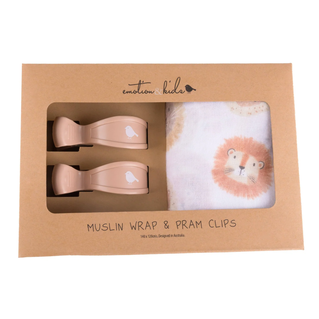 Lions Muslin Wrap & Latte Pram Clip Set