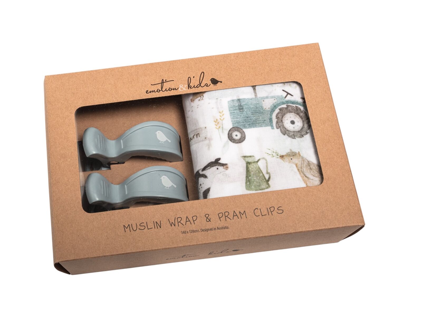 EMOTION & KIDS Farm Muslin Wrap & Grey Pram Clip Set