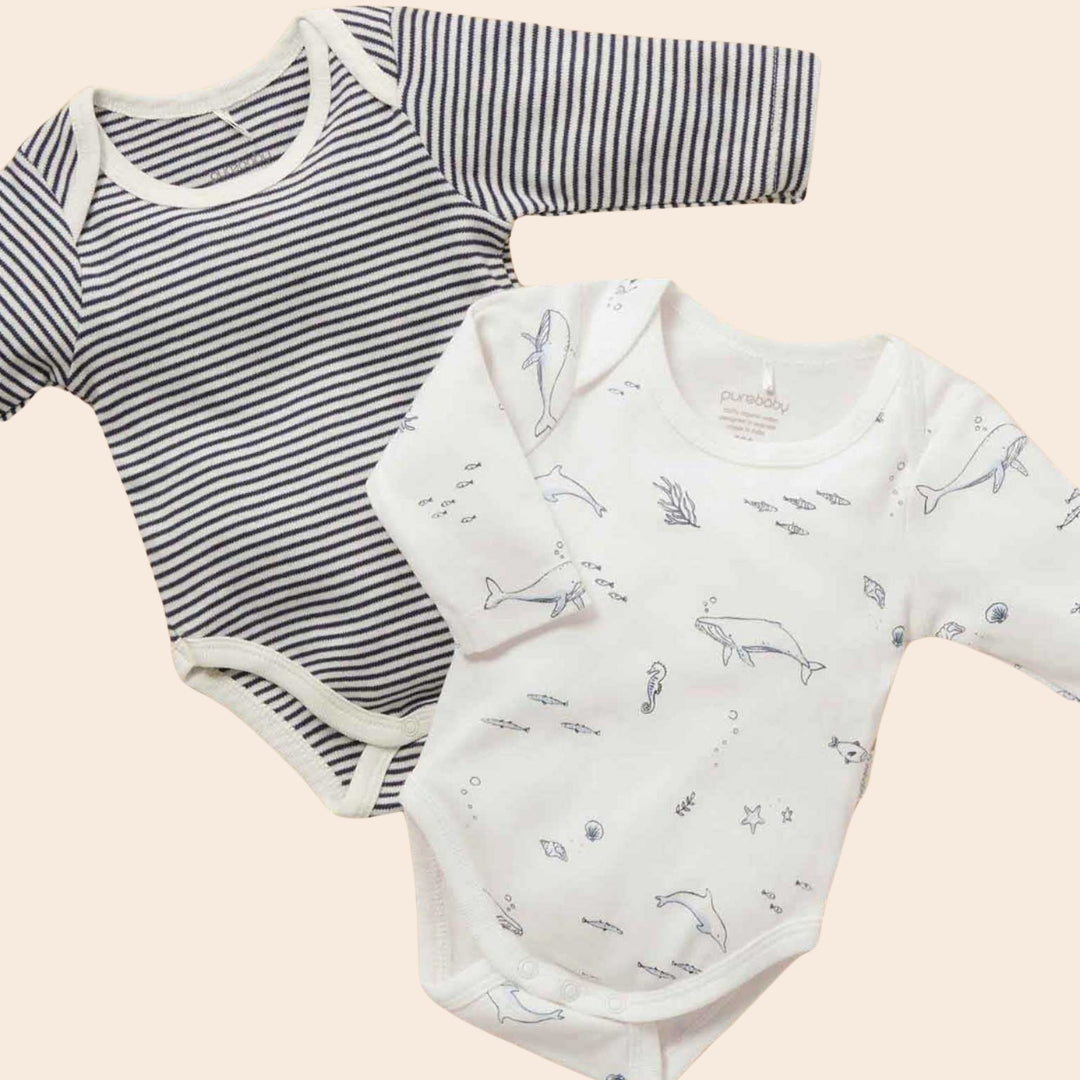 Pure Baby Easy Neck L/S Bodysuit Vanilla Nautical 2 Pack - Baby Gifts Australia