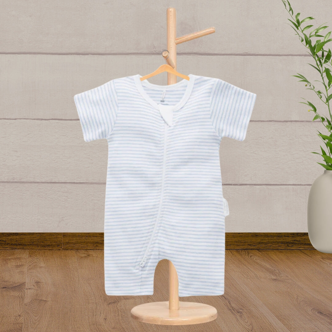 Pure Baby Essentials Pale Blue Stripe Short Zip Growsuit - Baby Gifts Australia