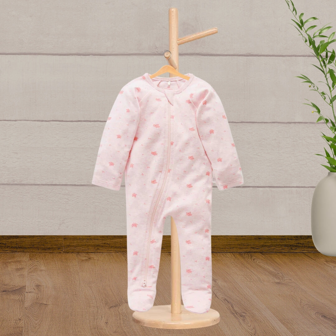 Pure Baby Essentials Pale Pink Leaf Zip Growsuit - Baby Gifts Australia