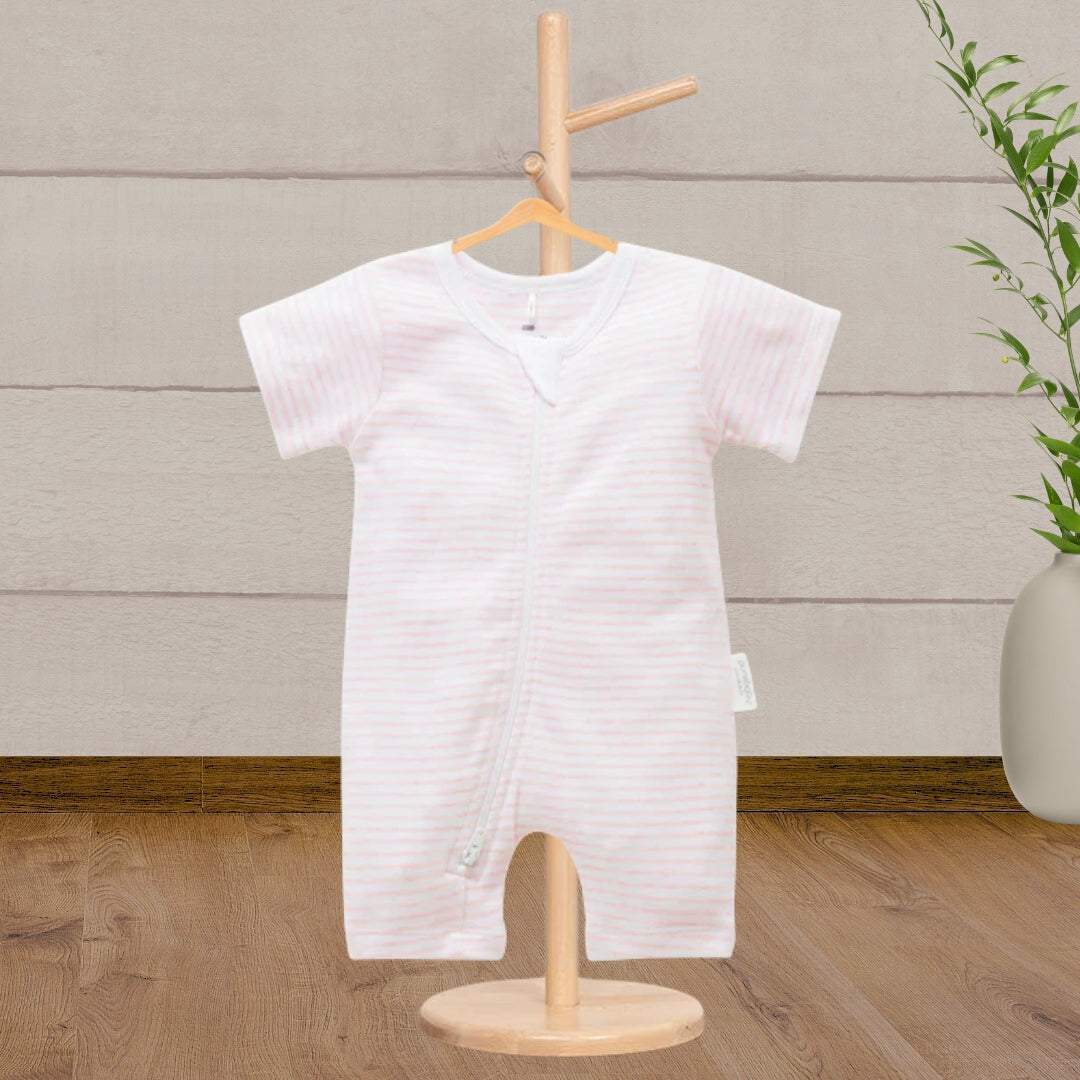 Pure Baby Essentials Pale Pink Stripe Short Zip Growsuit - Baby Gifts Australia