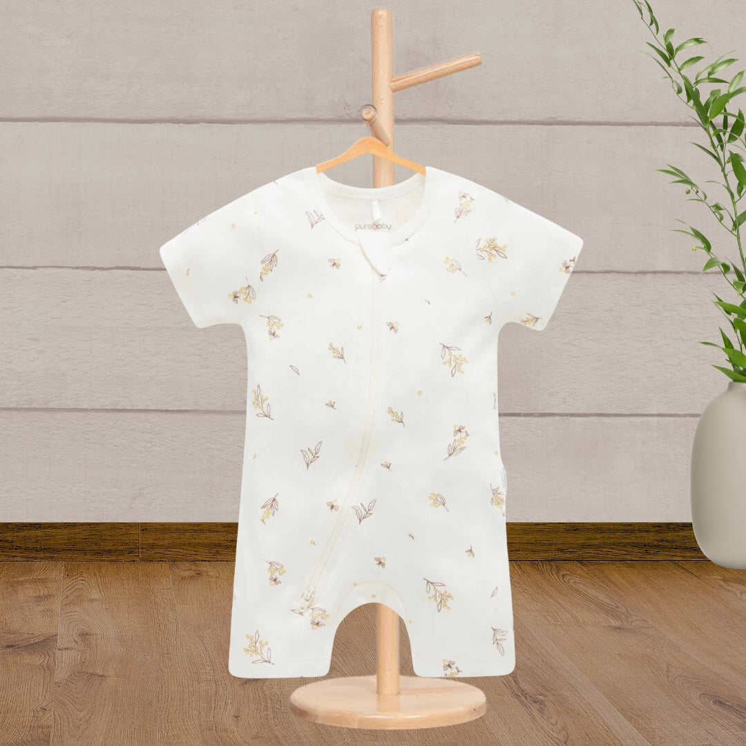 Pure Baby Essentials Vanilla Wattle Bee Short Zip Growsuit - Baby Gifts Australia