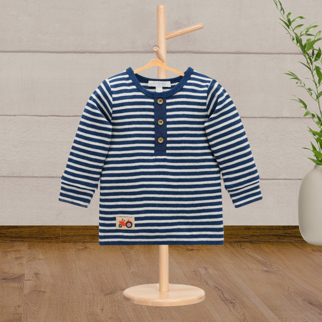 Pure Baby Blue Berry Stripes Henley Waffle Top - Baby Gifts Australia