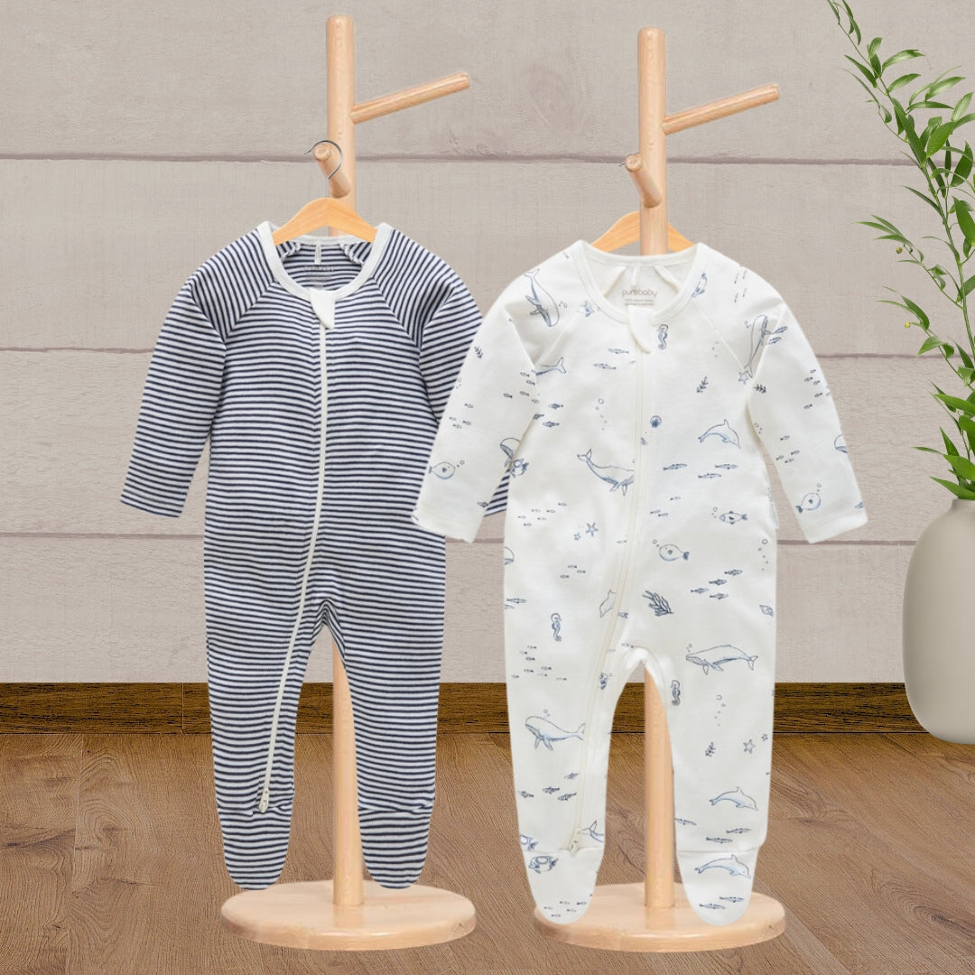 Pure Baby Vanilla Nautical Zip Growsuit 2 Pack - Baby Gifts Australia