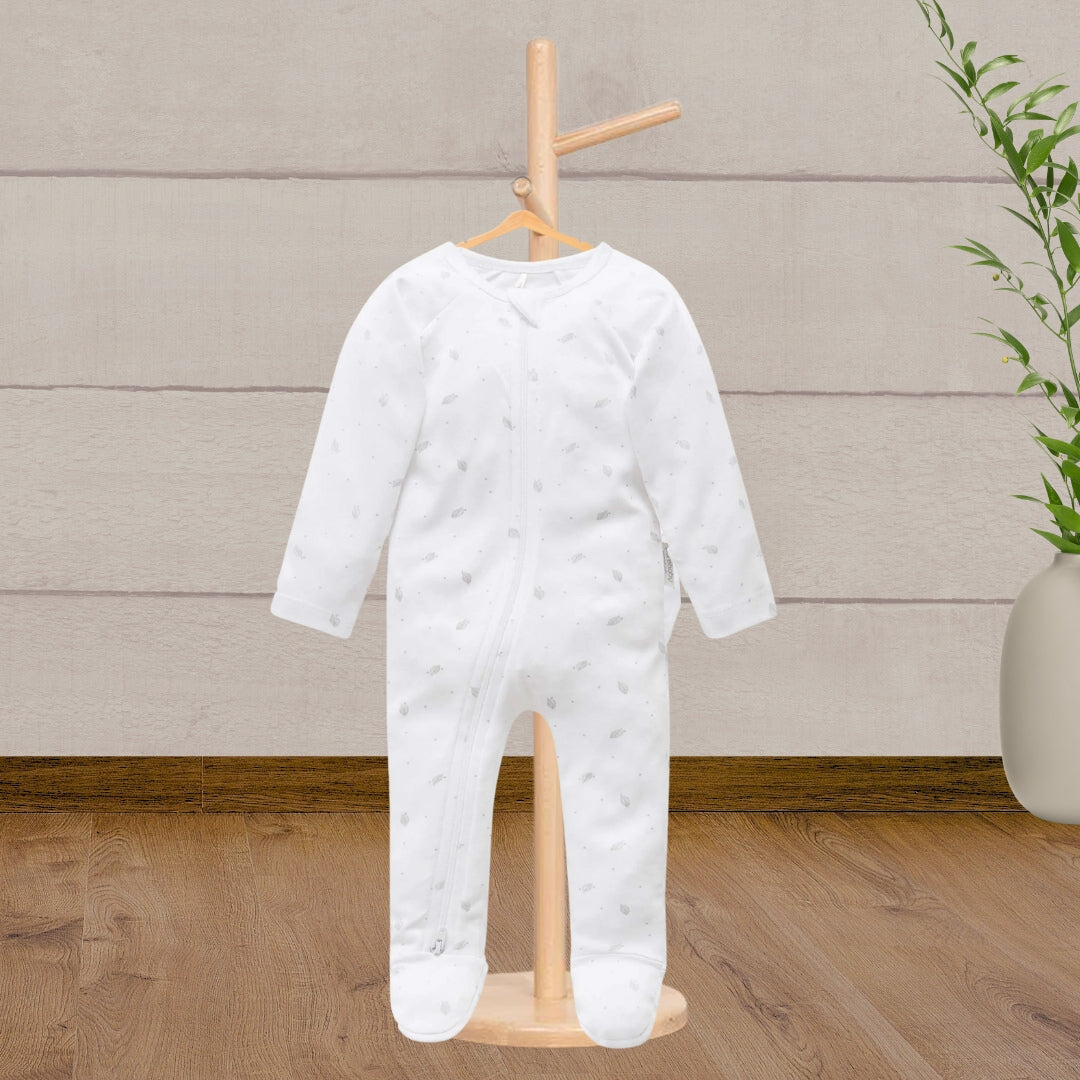 Pure Baby Essentials Pale Grey Leaf Zip Growsuit - Baby Gifts Australia