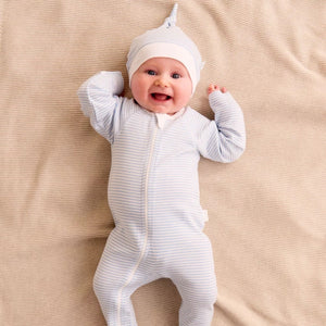 Pure Baby Zip Growsuit And Hat Set Pale Blue Melange Stripe - Baby Gifts Australia