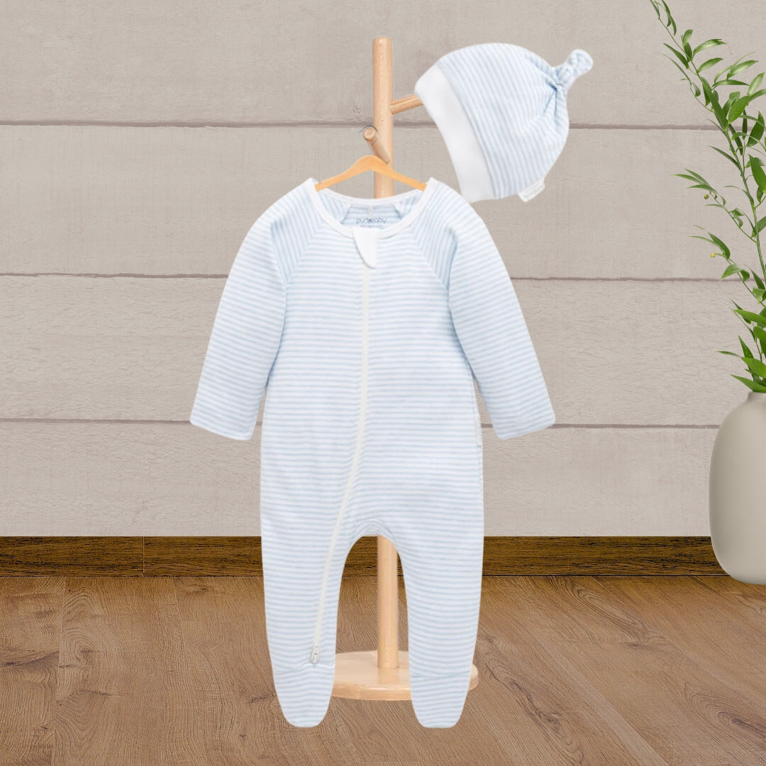 Pure Baby Zip Growsuit And Hat Set Pale Blue Melange Stripe - Baby Gifts Australia
