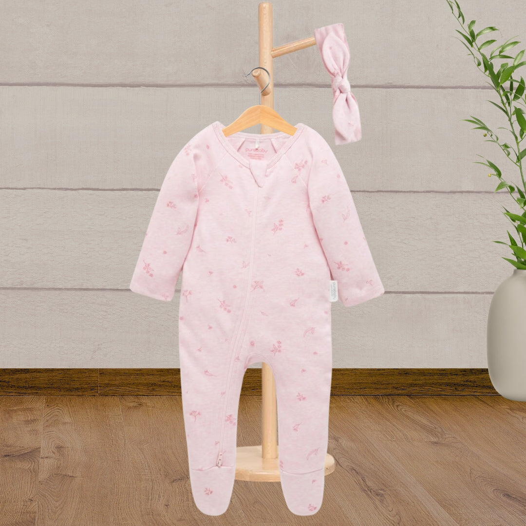 Pure Baby Zip Growsuit And Headband Set Pale Pink Blossom - Baby Gifts Australia