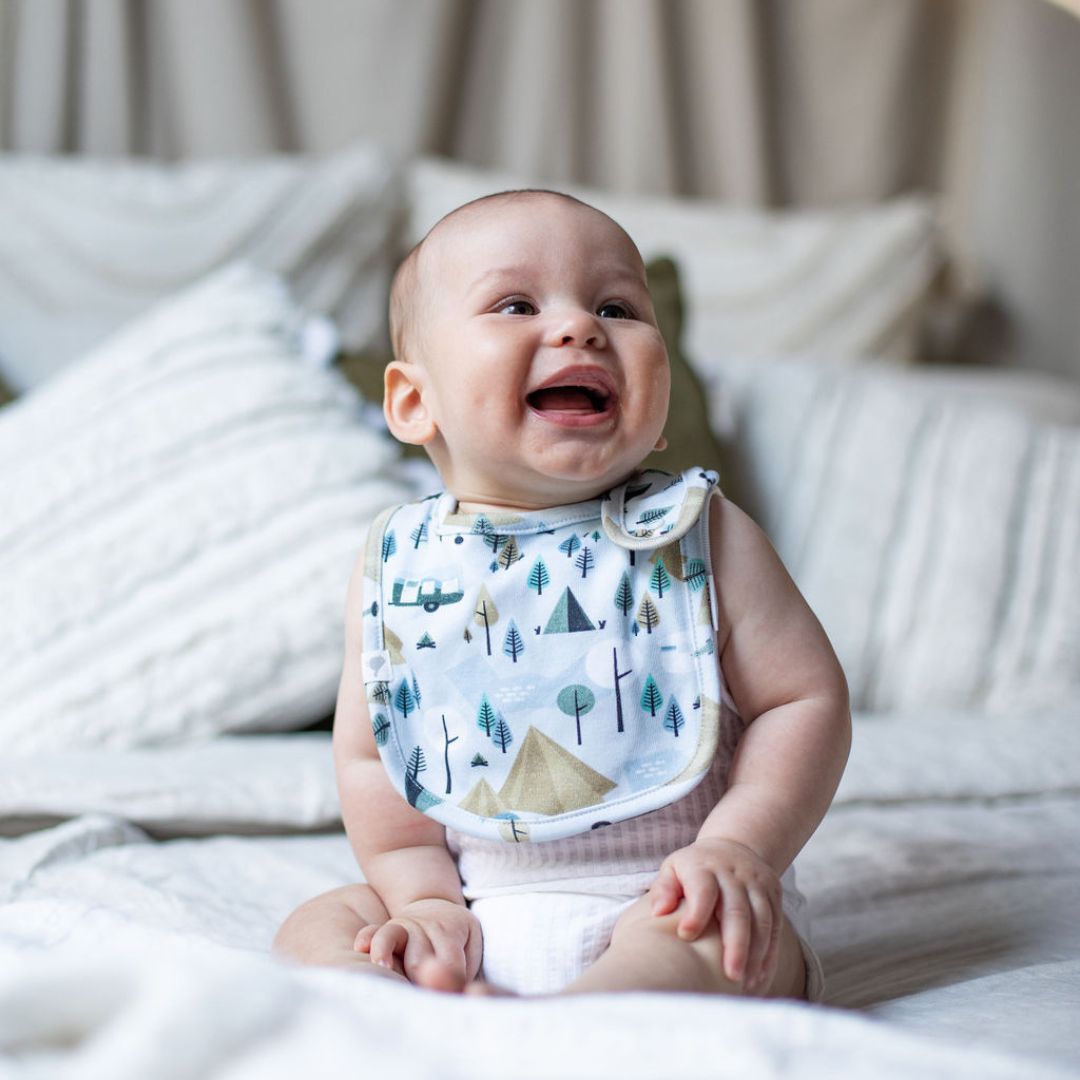 Retro Camping Organic Cotton Bib - Baby Gifts Australia