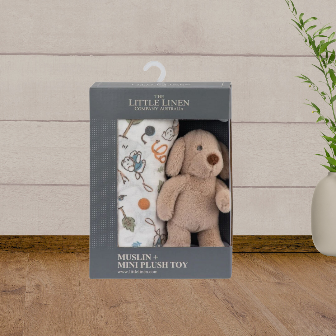 TLLC Soft Plush Toy Baby Muslin Wrap Bark Life Dog - Baby Gifts Australia