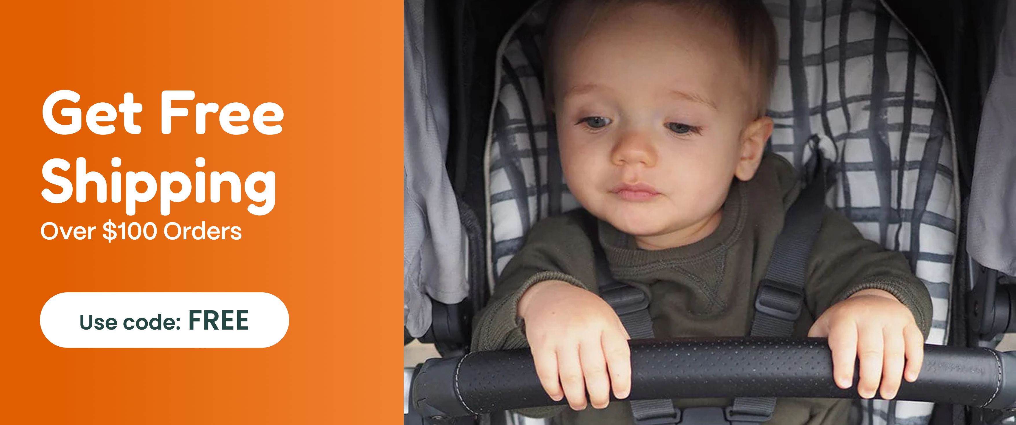 Baby in a stroller with promotional text for free shipping on an orange background
