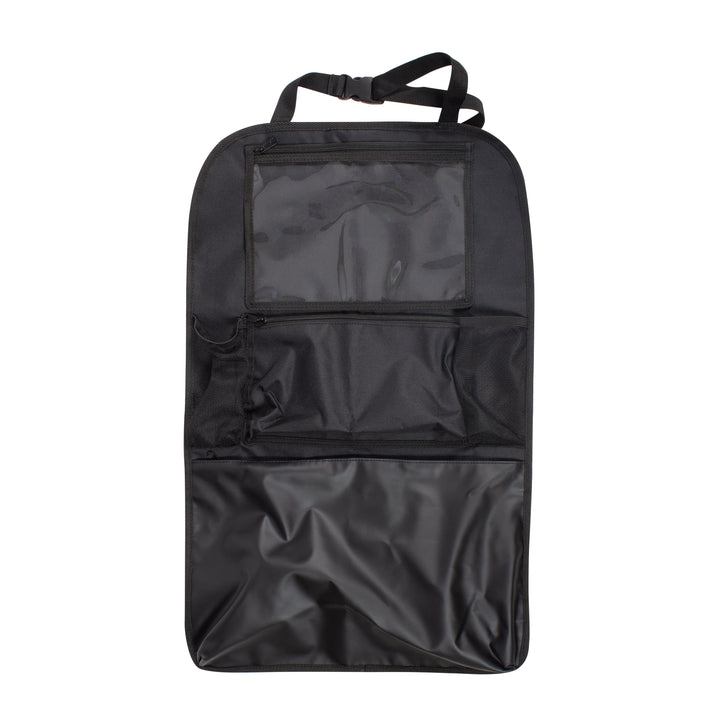 Black car seat cover with a pocket on a white background