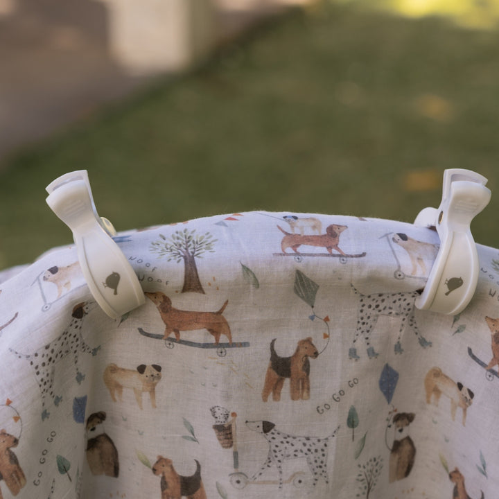 Dogs Day Out Muslin Wrap & Dusty Blue Pram Clip Set - Baby Gifts Australia