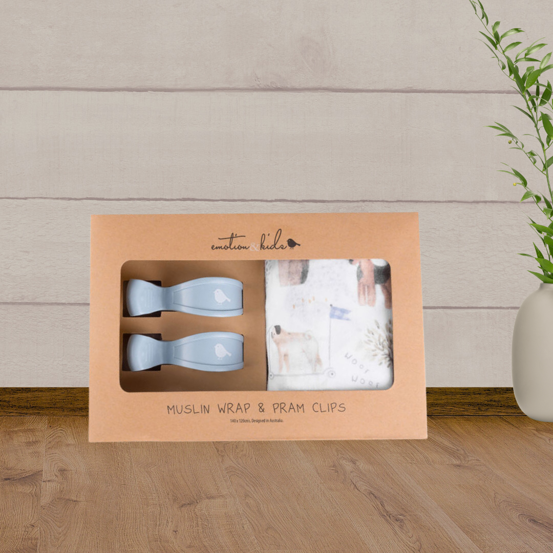 Dogs Day Out Muslin Wrap & Dusty Blue Pram Clip Set - Baby Gifts Australia