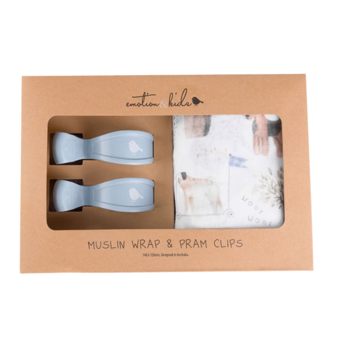 Dogs Day Out Muslin Wrap & Dusty Blue Pram Clip Set