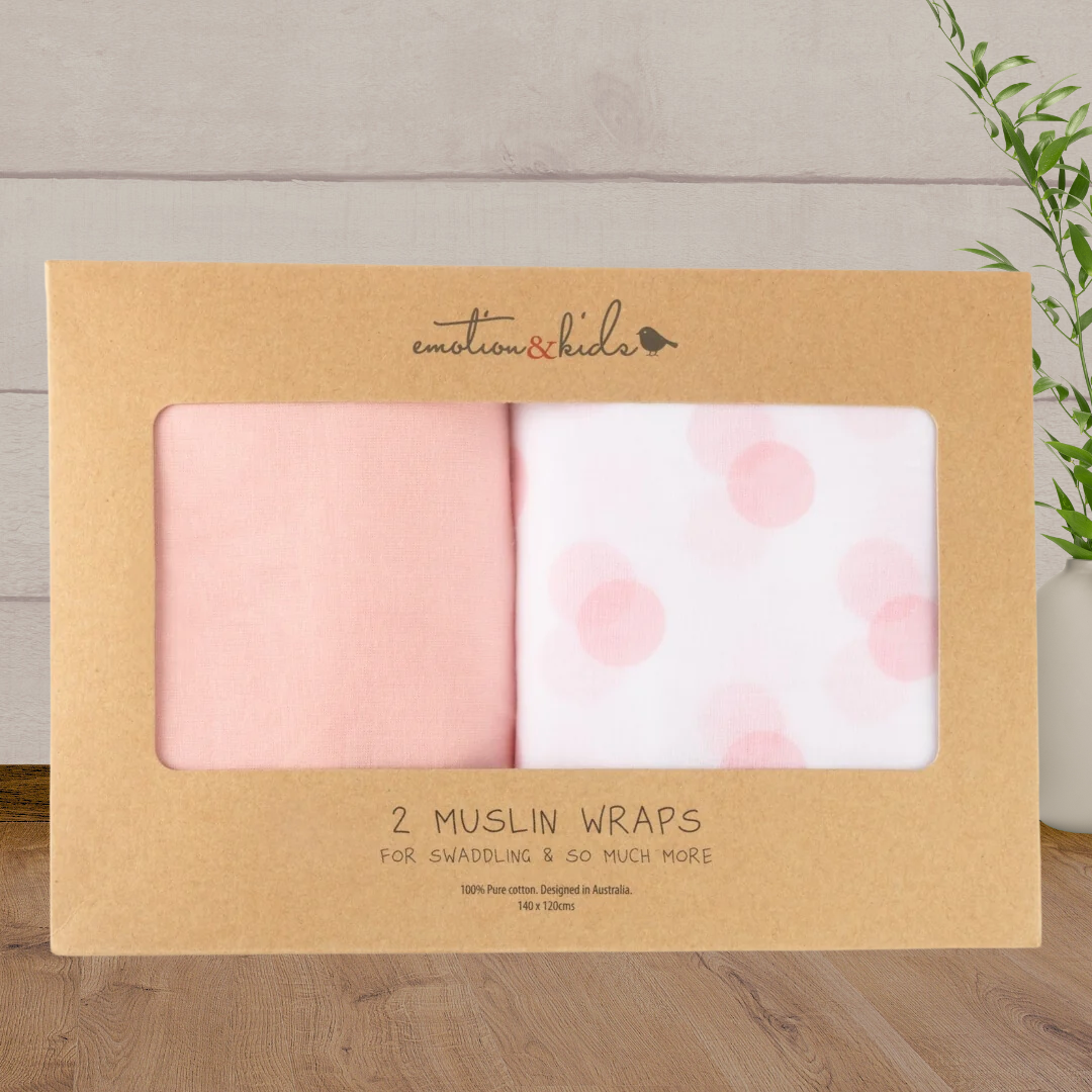 Emotion & Kids Pink & Pink Spot Muslin Wrap 2 Pack - Baby Gifts Australia