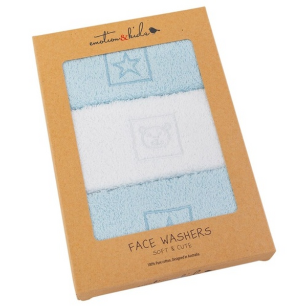 Emotion & Kids Blue Stars & Teddy Face Washer 3 Pack