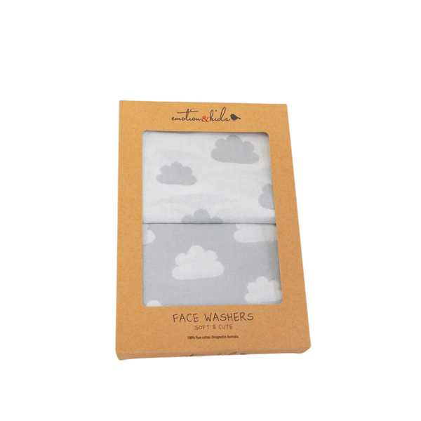 Emotion & Kids Grey Cloud Muslin Face Washers 2pk