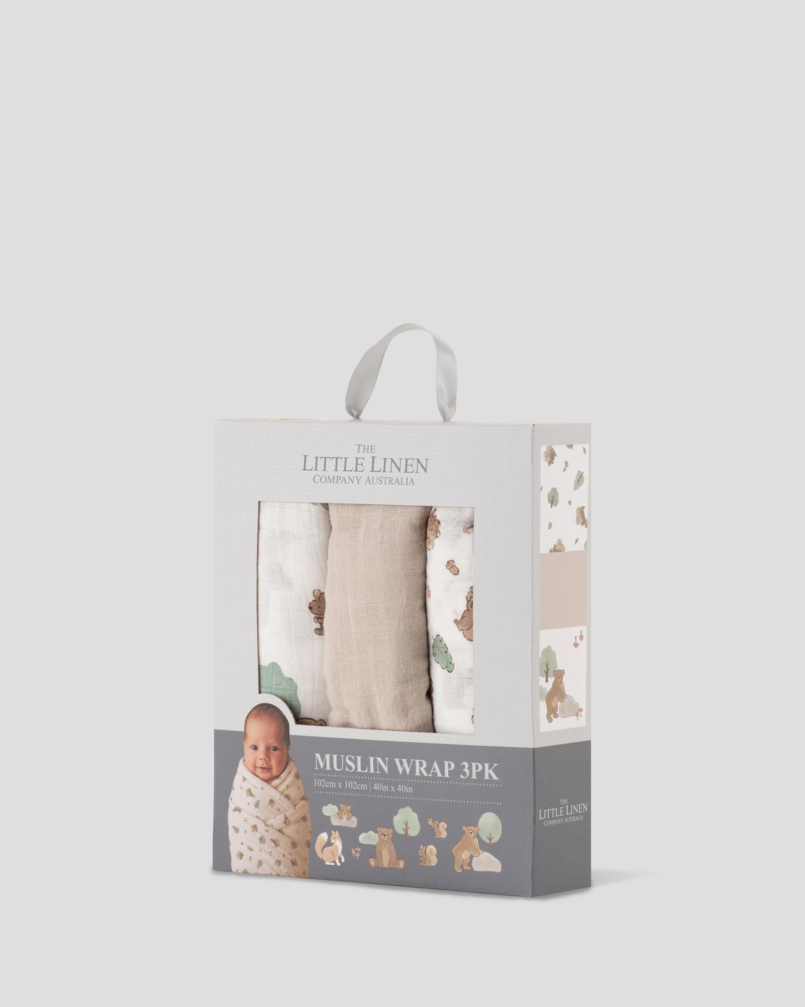 Little Linen Muslin Wraps 3PK - Bushland Bear