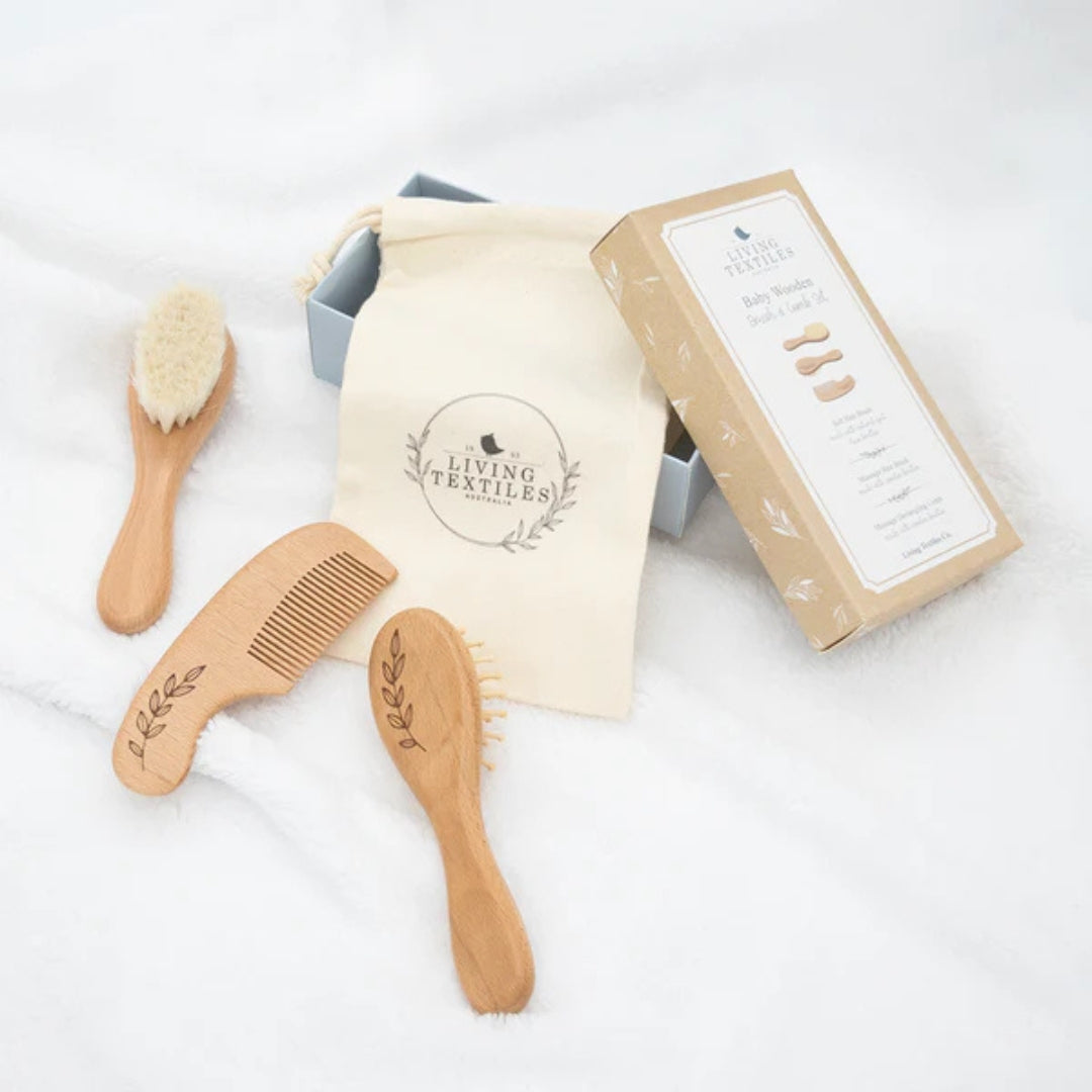 Living Textiles 3 Pc Baby Wooden Brush & Comb Set - Baby Gifts Australia