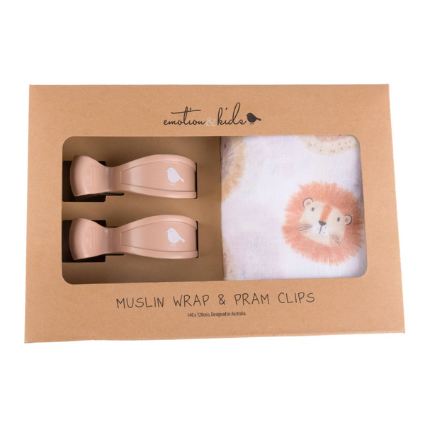 Lions Muslin Wrap & Latte Pram Clip Set