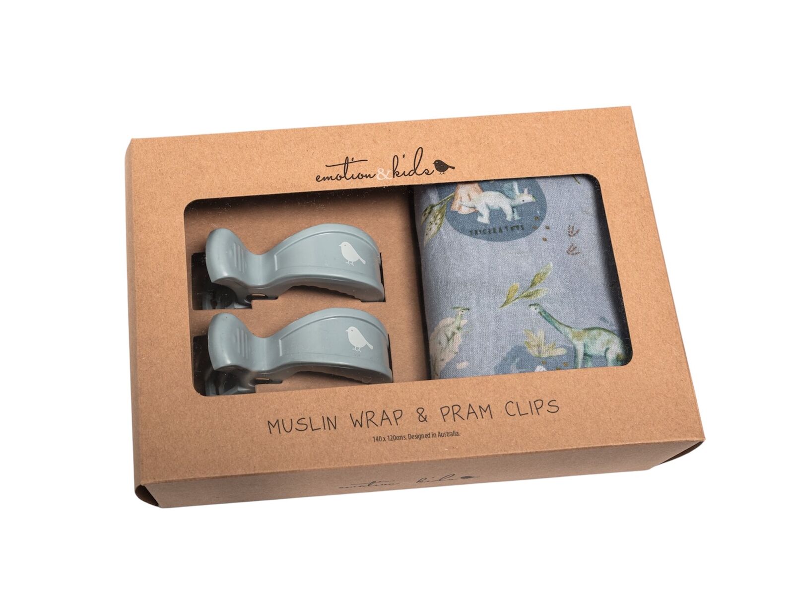 EMOTION & KIDS Dinosaurs of the World Muslin Wrap & Navy Pram Clip Set