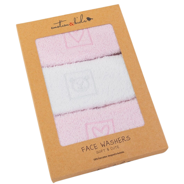 Emotion & Kids Pink Hearts & Teddy Facewasher - 3 Pack