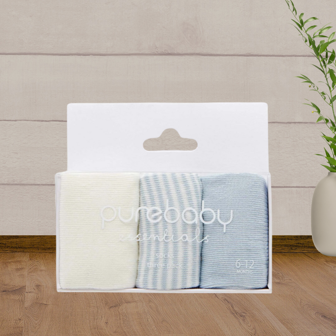 Pure Baby Essentials Blue Socks 3pk - Baby Gifts Australia