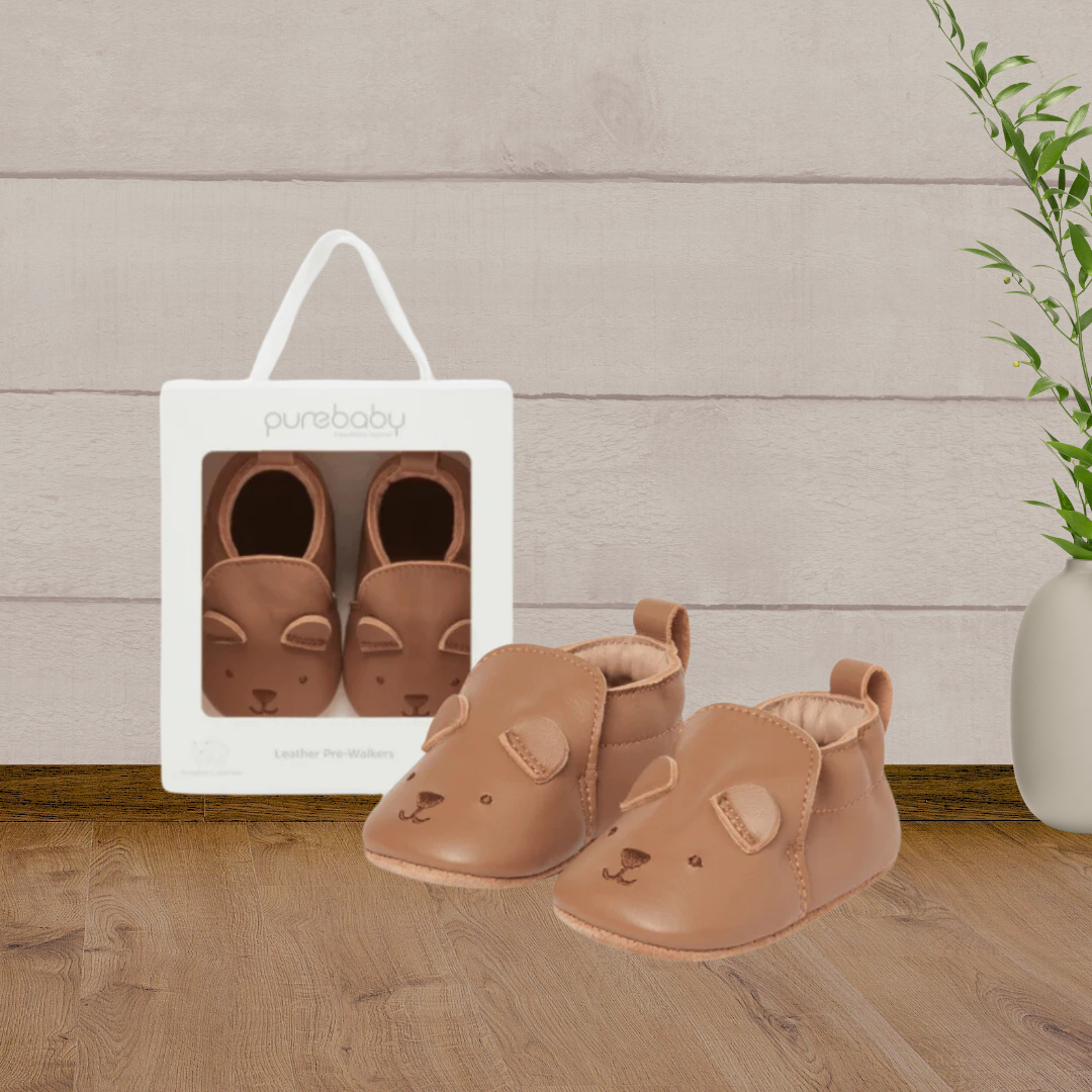 Pure Baby Tan Bear Leather Pull-on Shoes - Baby Gifts Australia