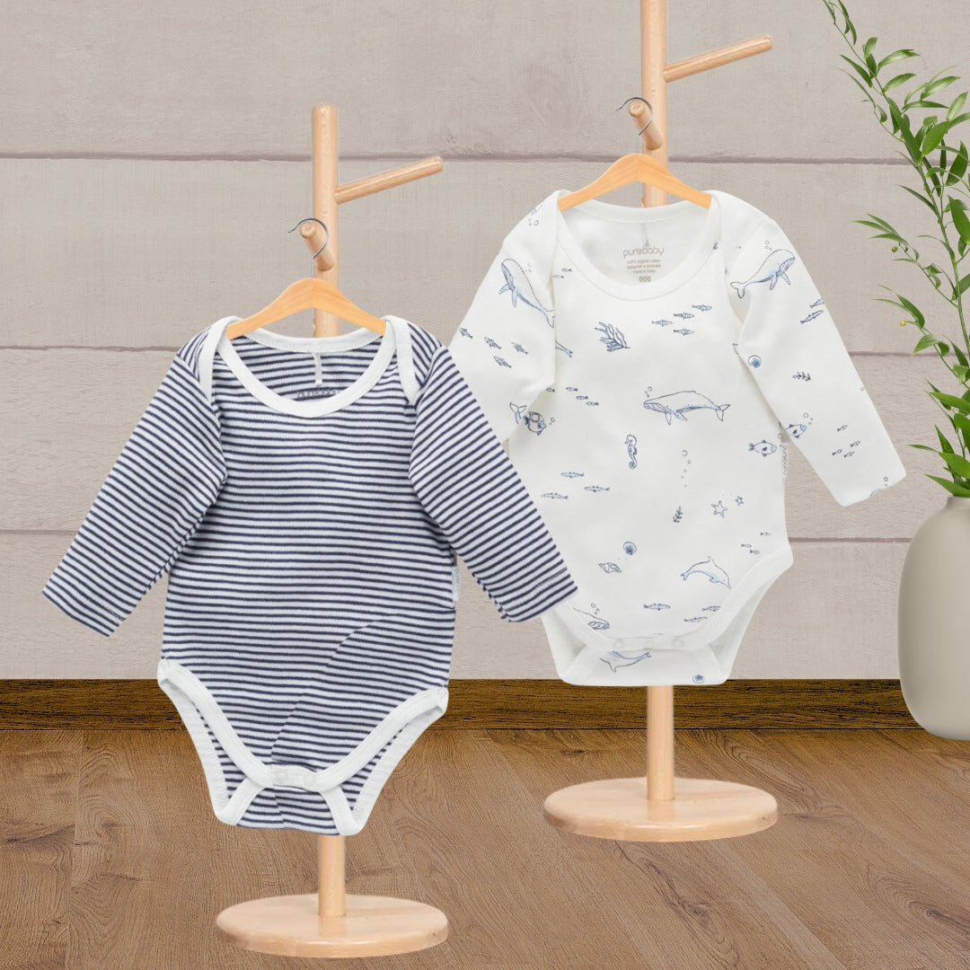 Pure Baby Easy Neck L/S Bodysuit Vanilla Nautical 2 Pack - Baby Gifts Australia