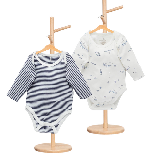 Pure Baby Easy Neck L/S Bodysuit Vanilla Nautical 2 Pack