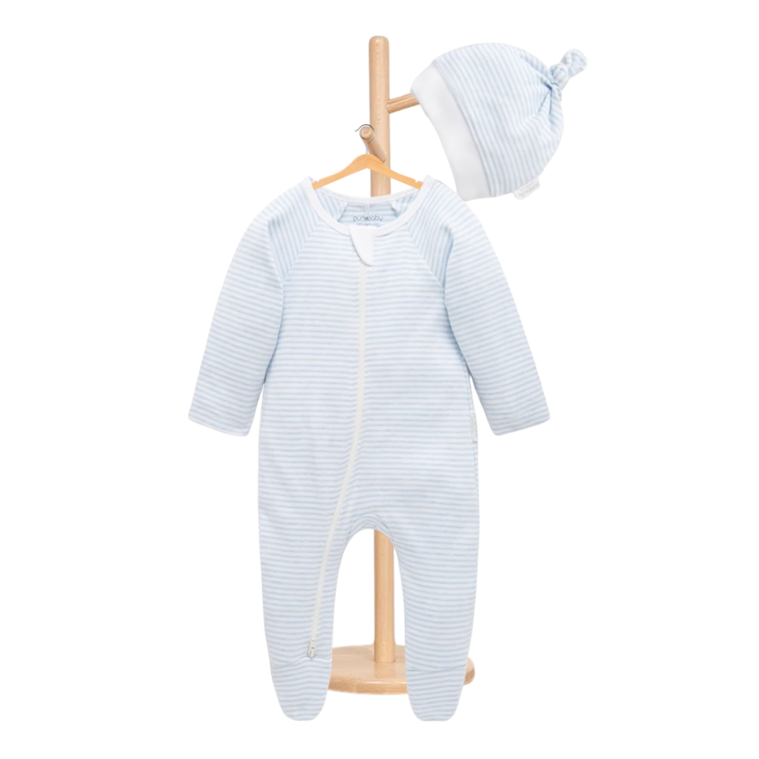 Pure Baby Zip Growsuit And Hat Set Pale Blue Melange Stripe