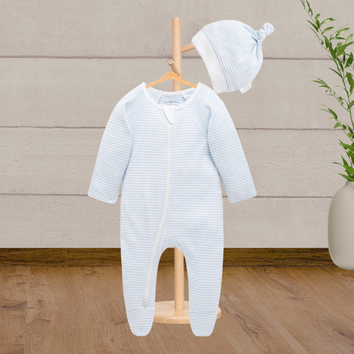 Pure Baby Zip Growsuit And Hat Set Pale Blue Melange Stripe - Baby Gifts Australia