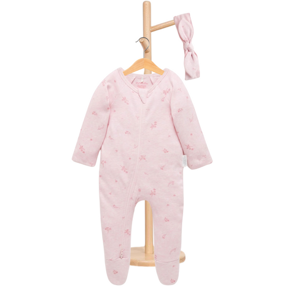 Pure Baby Zip Growsuit And Headband Set Pale Pink Blossom