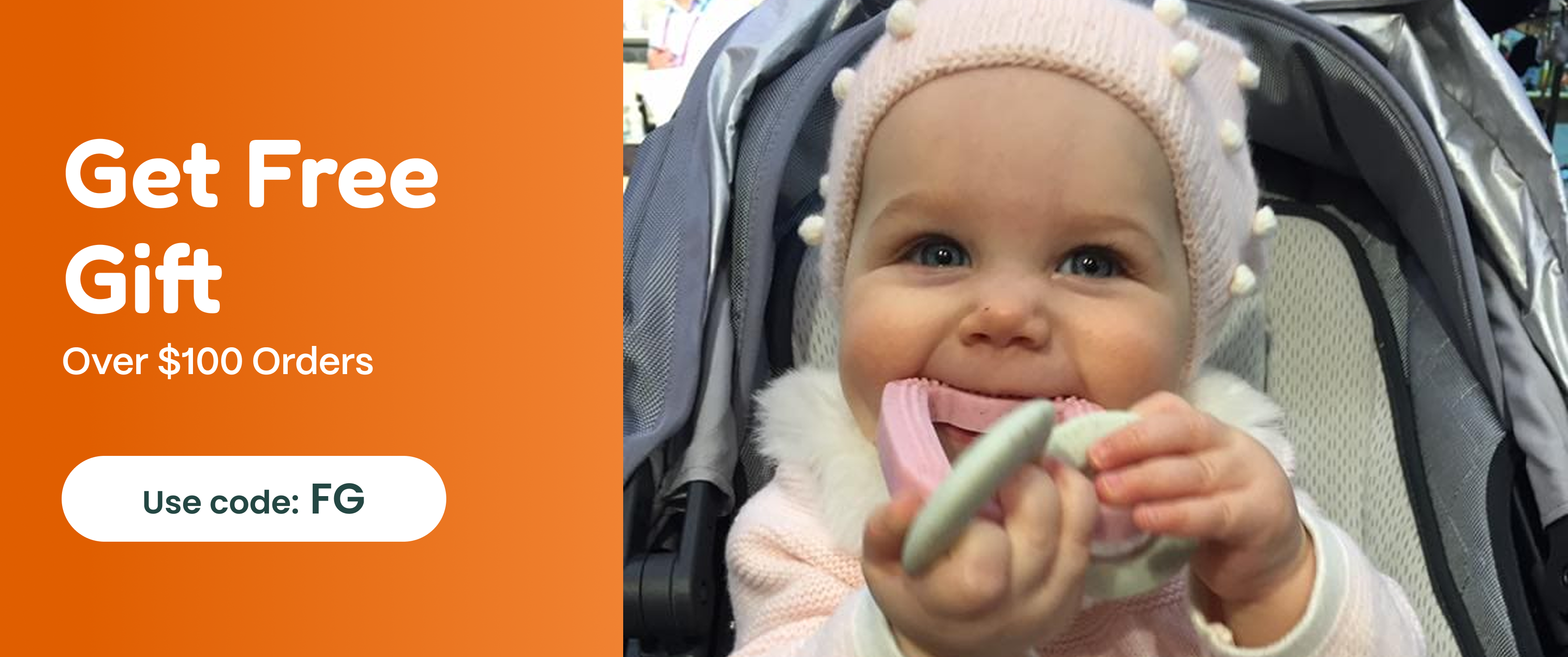 Baby in a stroller with promotional text for a free gift offer on an orange background